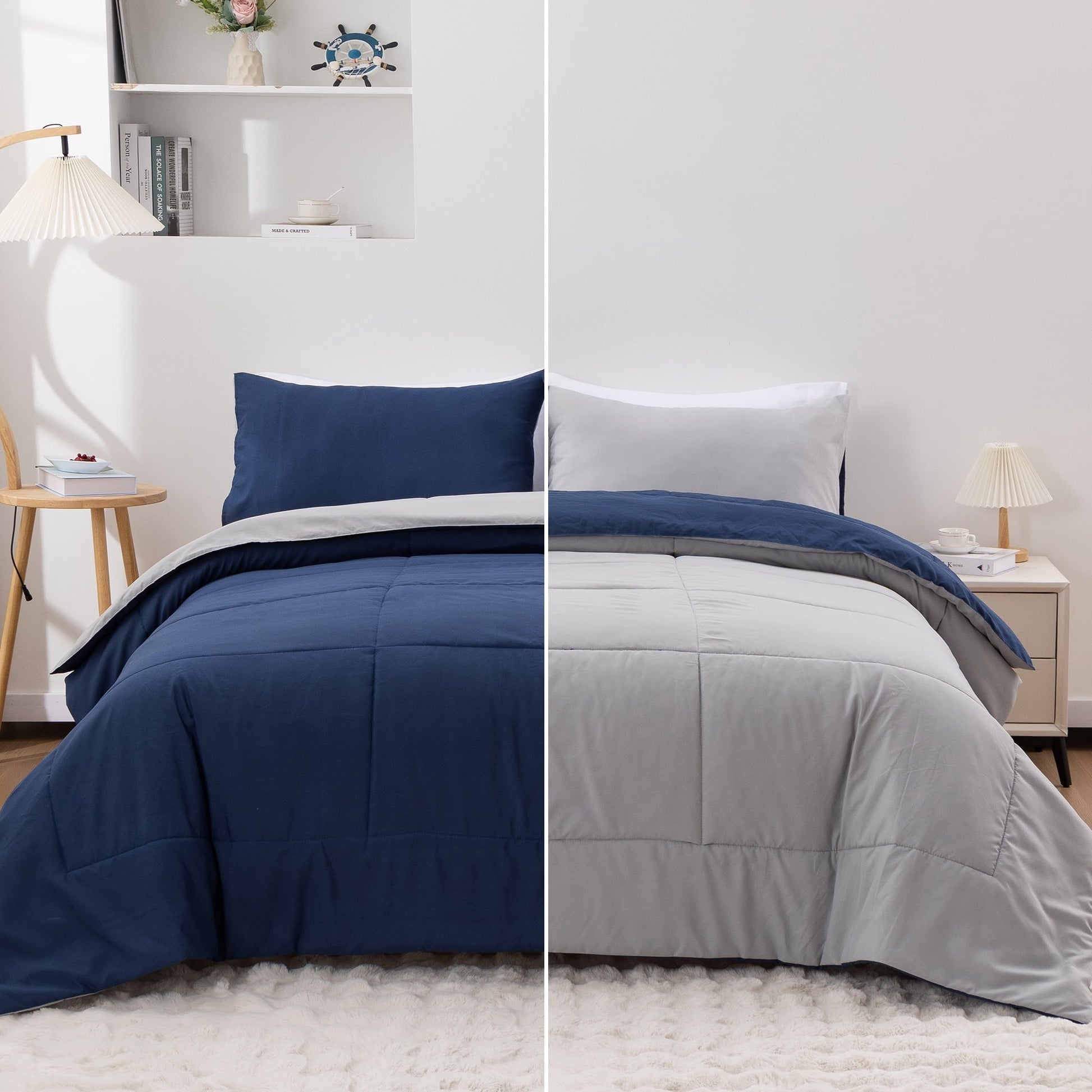 All-Season Queen Comforter Set All Season Reversible Bed Set with 2 Pillow Cases 3 Pieces Bedding Sets Down Alternative Blue/Gra... - All-Season Down Alternative Comforter Insert - Default Title